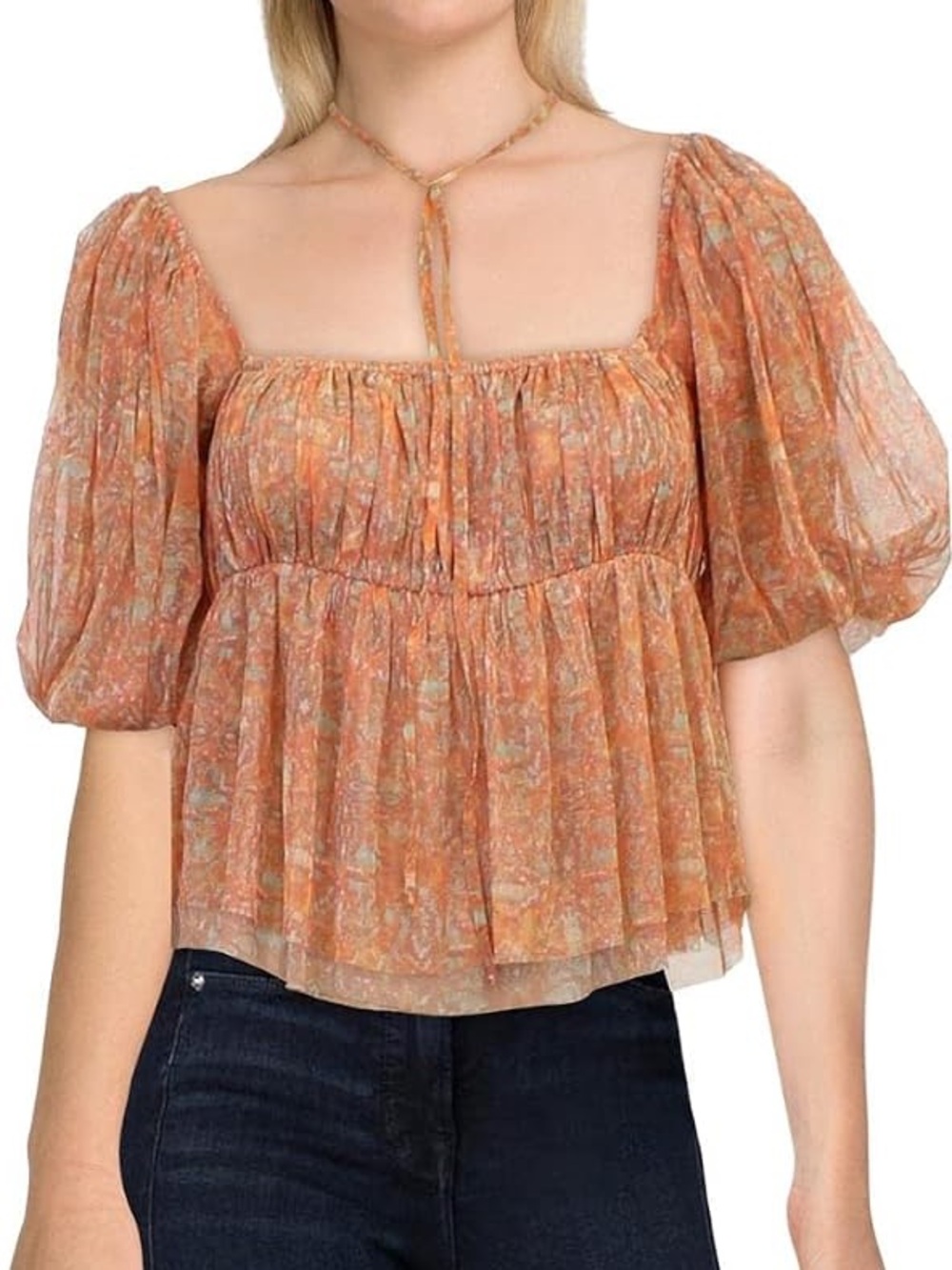 Free People Orange Floral Puff sleeve Crop Top